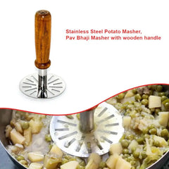Stainless Steel Potato Masher with Wooden Handle Pav Bhaji Masher for Easy Mashing