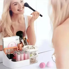 Cosmetic Organizer Box with Drawers – Plastic Makeup & Stationery Storage for Women, Off-White.