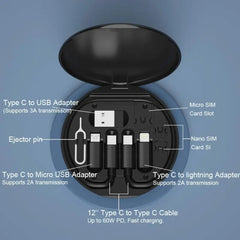 All in One 60W Fast Charging Travel Data Cable Set with Type C USB A Lightning Micro Connectors Portable Multi Functional Cable Kit
