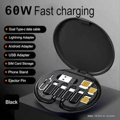 All in One 60W Fast Charging Travel Data Cable Set with Type C USB A Lightning Micro Connectors Portable Multi Functional Cable Kit