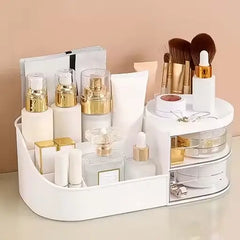 Cosmetic Organizer Box with Drawers – Plastic Makeup & Stationery Storage for Women, Off-White.