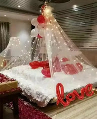 Romantic Decoration Set with White Net, LED Lights, and Foil Balloons