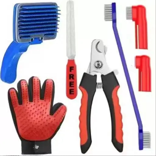4 in 1 Pet Grooming Kit Slicker Brush Nail Clipper Toothbrush and Bath Glove Set for Dogs and Cats